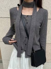 FRIFUL 女士纯色方领落肩长袖系领装饰休闲宽松百搭T恤，秋冬款 - 灰色 - 查看 4