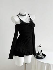 Elamini 1pc Black & Grey Lace Camisole Off Shoulder Long Sleeve Asymmetric Hem Cinched Waist Casual T-Shirt, Suitable For Daily Wear And Campus Style - Black - View 4