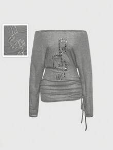 ROMWE Grunge Punk Punk Style Cross Rivet Off-Shoulder Women Long Sleeve T-Shirt Top - Light Grey - View 5