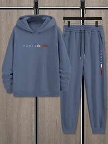 Manfinity Homme 2pcs Men Paris Slogan Graphic Print Casual Sweatshirt And Sweatpants Set, Fall/Winter Men Clothes - Dusty Blue - View 2