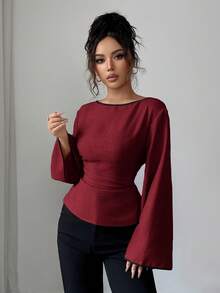 Siren Gaze Áo sơ mi dài tay buộc eo thanh lịch dành cho nữ, thích hợp mặc đi làm vào mùa thu - Đỏ - Xem 7