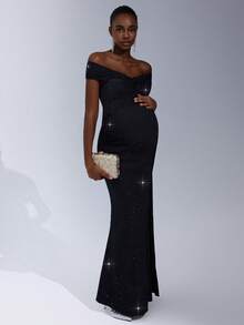 Cheriluna Maternity Maternity Off-Shoulder Backless Tie-Up Split Elegant Luxurious Dress For Photoshoot - Black - View 3