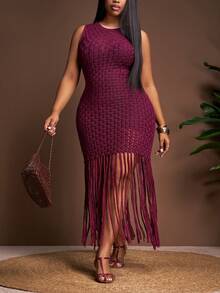 Veslaya 春夏新品上市。优雅精致，完美适用于度假、约会、派对、晚宴、生日聚会、日常出行、婚礼季、毕业季、家庭聚会、法式风情派对等各种场合。修身纯色酒红色长裙，无袖圆领，流苏下摆，钩编提花面料，大码女式长裙。 - 酒紅色 - 查看 5