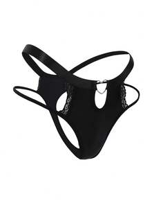Women's Black Heart Buckle Elegant, Comfortable & Sexy Lace Splice Thong Panties Hollow Out Panties Strappy Panties Crotchless Thong - Black - View 3