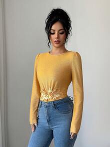 Elenzga Women's Fashionable Crew Neck Tie-Front Long Sleeve Bodysuit - Orange - View 6