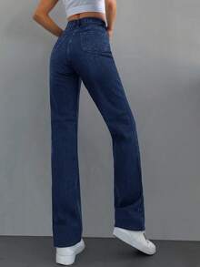 RueChic Zipper Fly Straight Leg Jeans With Slanted Pockets - Navy Blue - View 2