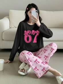 Tween Girls 2pcs Pajama Set, Black Long Sleeve Top With Number 67 & Bow Print, Paired With Pink Butterfly & Heart Print Pants, Casual Loungewear - Black - View 3