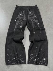ROMWE MEN 男士休闲宽松版型水钻装饰牛仔裤，带腰带环 - 黑色 - 查看 1
