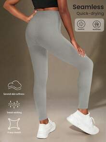 SHEIN Seamluxe Sport 高腰罗纹无缝修身女童紧身裤 - 云朵般柔软，第二层肌肤般柔软，速干透气，四向弹力紧身裤，适合跑步、骑行、瑜伽、泡菜球运动、休闲，黑色 - 淺灰色 - 查看 2