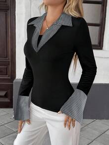 Pariaura 女士时尚二合一拼接长袖T恤，春夏款 - 黑色 - 查看 6