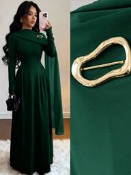 Islaluna Elegant urban chiffongklänning med lapptäcke och hög hals, långärmad och A-linjeformad klänning med metallbroschdekor, lämplig för examensfest, högtider, dejt, bröllop, höst/vinter