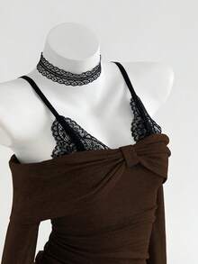 Elamini 1 Áo thun nữ cổ tròn ren đen xám viền bất đối xứng, thích hợp mặc hàng ngày, đi học, xuân/thu/đông - màu nâu - Xem 3