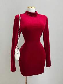 Elamini 女士优雅派对迷你连衣裙，长袖，露背设计，饰有仿珍珠，适合秋冬季日常穿着、派对、约会等场合。 - 酒紅色 - 查看 2