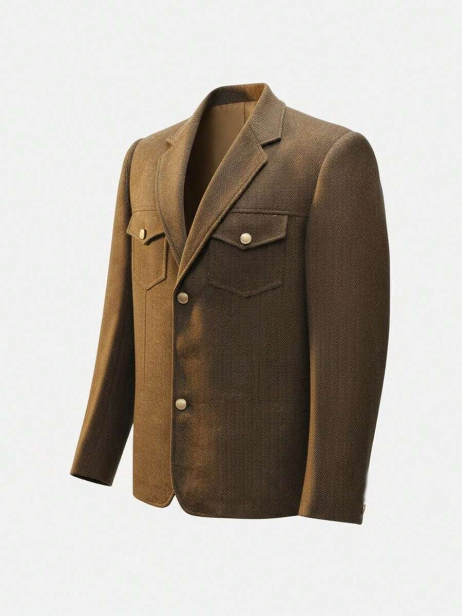 Airaco Conjunto de pantalón y parte superior de manga larga con solapa entallada de tweed de un solo abotonado para hombre - Marrón Mocha - Ver 1