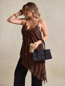 Elegantrix 大码时尚性感波点印花蕾丝边不对称下摆吊带背心 - 彩色 - 查看 3