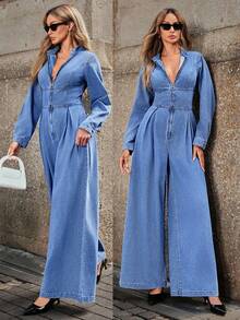 Selenza Women's Regular Shoulder Long Sleeve Ruched Waist Straight Leg Denim Jumpsuit - Blue - View 1