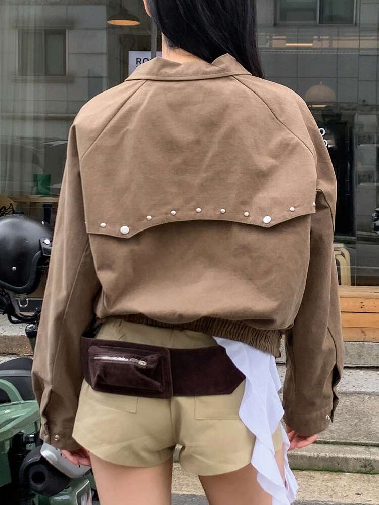 Vintage American Style Rivet Collar Zipper Jacket, Women Regular Jacket Women Coats