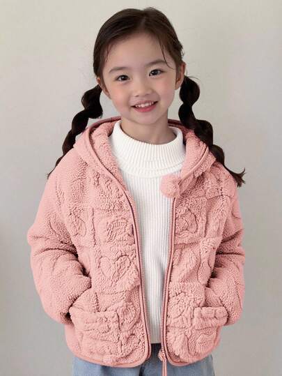 SHEIN Young Girl Heart Contrast Color Hooded Fleece Cardigan, Warm For Winter, Versatile For Casual Outings, Vacations, School And More