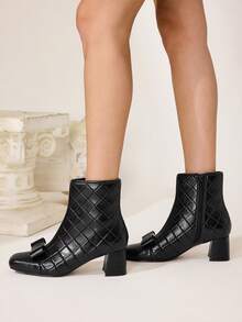 CUCCOO CHICEST Women's Bow Decor Side Zipper Design Fashion Chunky Heel Mid-Calf Boots For Christmas - Black - View 6