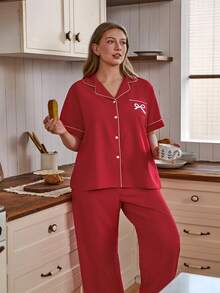 Doze Lane Große Größen Damen Kontrast Saum einfarbiger Kragen Schleife Stickerei Tasche Pyjama Set - Rot - Übersicht 3
