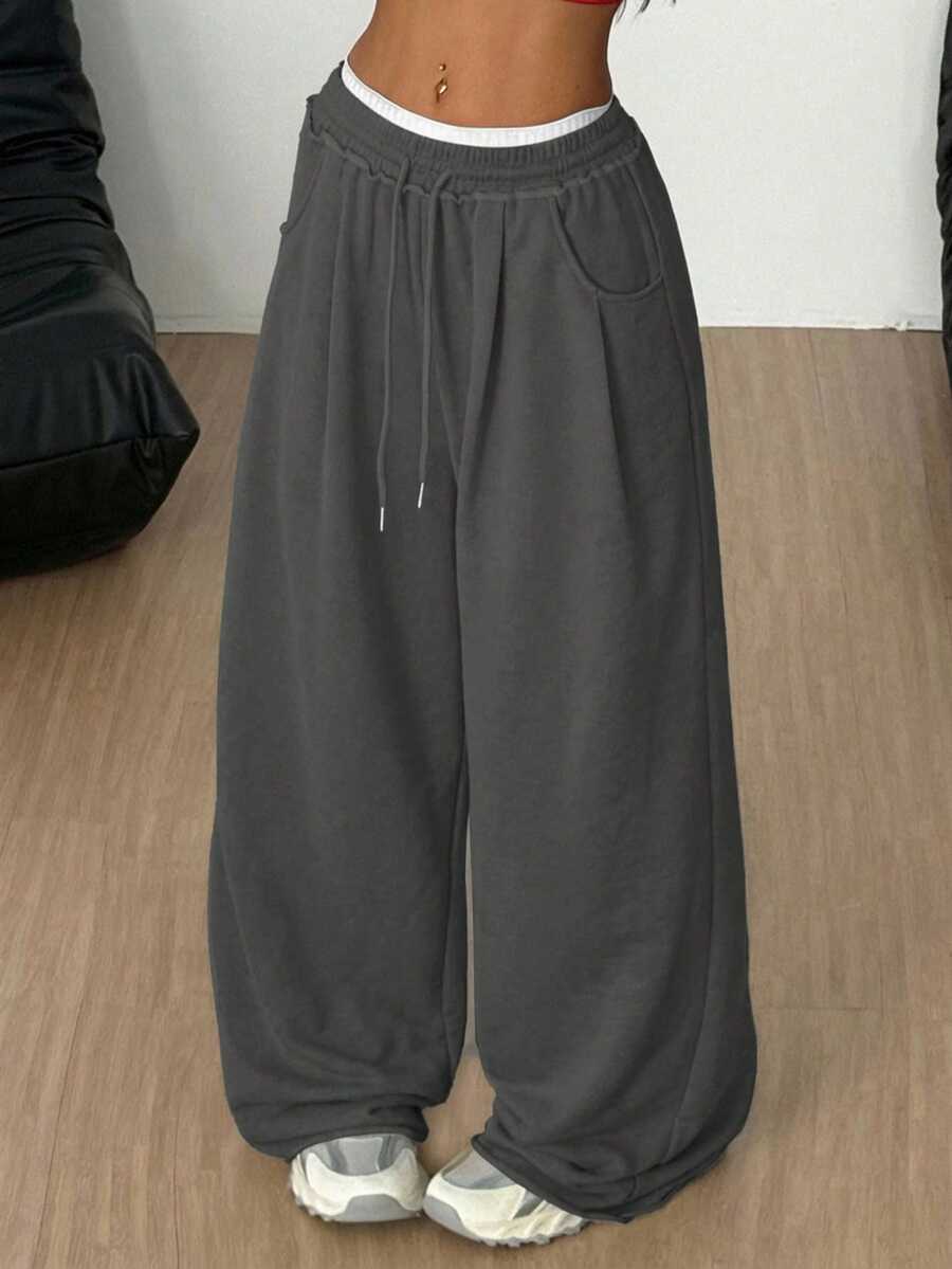 Coolane 女士夏季街头休闲运动必备单品法式灰弹力腰直筒裤 - 深灰色 - 查看 1