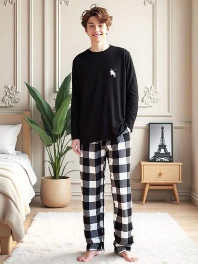 SHEIN Tonårspojkar, enkelt långärmat set med hästlogotyp och rutiga byxor, bekvämt, mångsidigt, lämpligt för vardagsbruk, skola, resor, hem