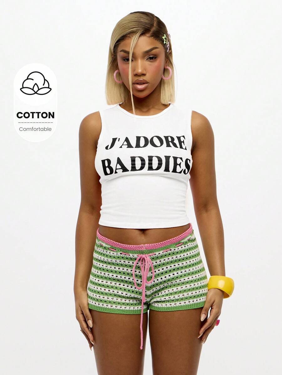 SUMWON WOMEN 无袖印花针织背心短款 T 恤时尚夏季别致个性文字图形印花无袖混纺 - 白色 - 查看 1