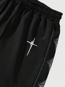 ROMWE MEN Street Life Men's Casual Drawstring Waist Cross Silver Foil Shorts, Versatile For Commuting - Black - View 3