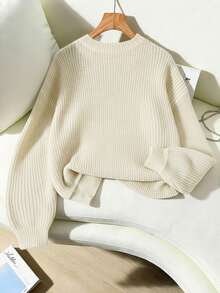 Franclia Casual Solid Color Drop Shoulder Sweater, Autumn/Winter - Beige - View 2