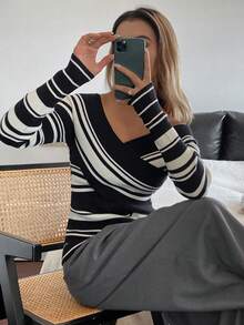 DAZY Women's Elegant Fitted Contrast Striped V-Neck Long Sleeve Knit Sweater, Spring/Autumn Y2k - Black - View 6