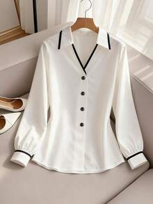 SHEIN Franclia Áo sơ mi nữ kiểu dáng thường ngày phối màu tương phản, phong cách tối giản, thích hợp cho hoạt động ngoài trời, đi làm, màu trắng thanh lịch, áo kiểu nữ bằng lụa, áo kiểu màu kem, áo kiểu nữ. - trắng - Xem 1