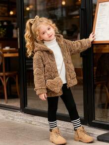 Elladie kids Young Girl Heart Pattern Long Sleeve Zip Front Fuzzy Hooded Casual Jacket, Autumn/Winter