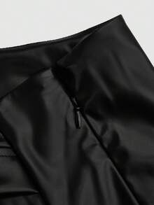 Sweetra Falda A-Line plisada asimétrica de cuero sintético (PU), cintura alta, elegante, para otoño/invierno - Negro - Ver 4