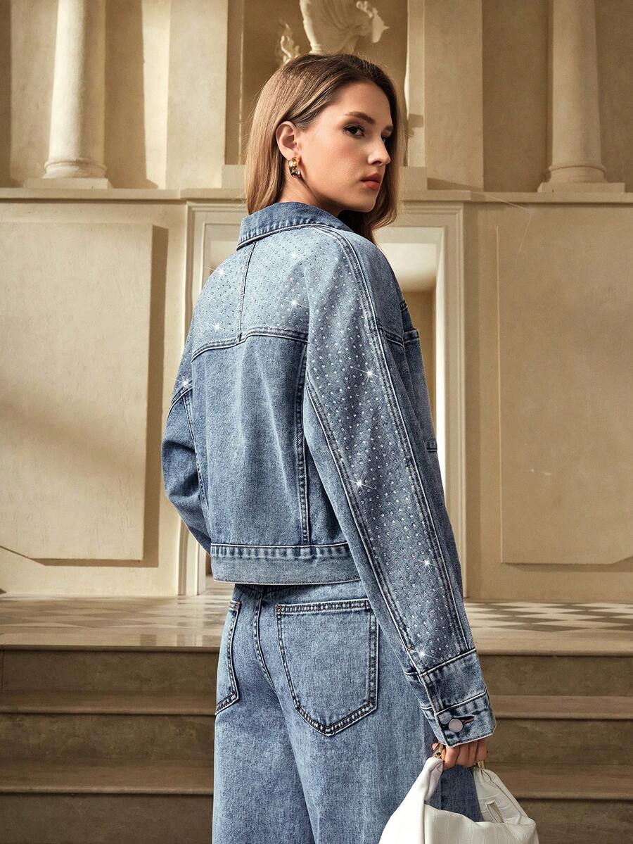 Selenza Women's Fashionable Casual Front Button Rhinestone Denim Jacket, Autumn