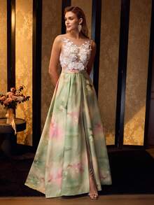 MOTF Soiréza Váy dạ hội dài chấm đất cổ chữ U hở lưng không tay thanh lịch dành cho nữ, họa tiết hoa trước ngực, chân váy hoa chuyển màu cỡ lớn & dáng ôm vừa vặn, lý tưởng cho tiệc cưới, dạ hội & các buổi tối xuân/hè, phong cách với giày cao gót quai & trang sức tinh tế - màu xanh lá - Xem 4