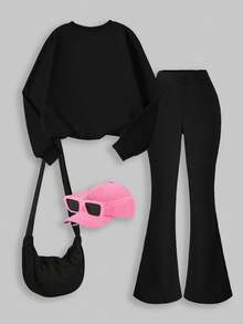 Sparklyn Tween Girl Pink Numeral Print Crew Neck Long Sleeve Sweatshirt And Flare Leg Pants Set - Black - View 2