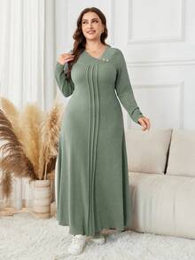 Lacomfia Plus Size Long Sleeve Solid Color Jacquard Knit Maxi Casual Dress - Green - View 1