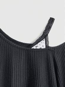 ROMWE Kawaii Áo thun nữ tay dài cổ tròn ngắn bất đối xứng - Màu xám đen - Xem 3