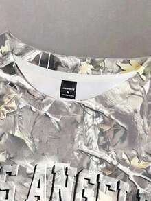 Manfinity Joysei 标准尺码男士时尚灰色树叶迷彩3D字母白色插肩T恤（面料） - 彩色 - 查看 5