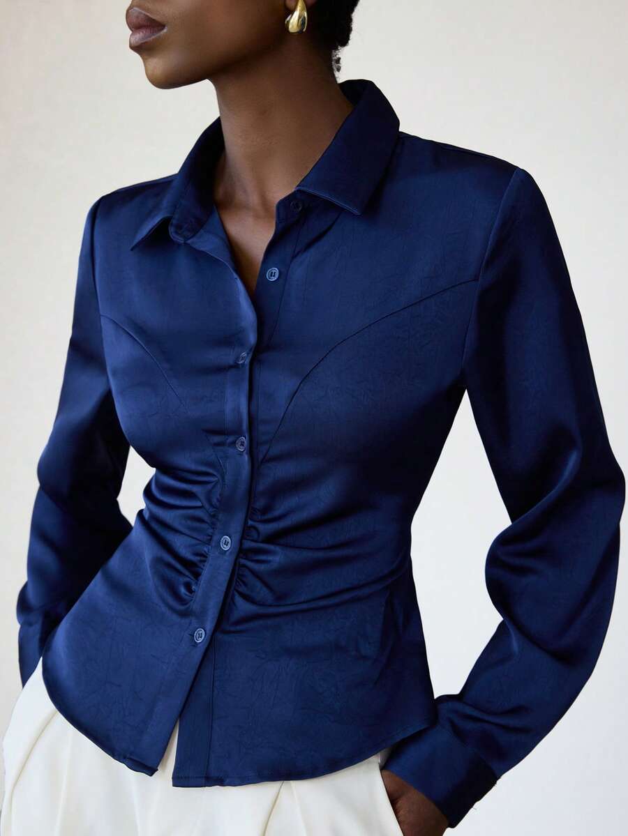 Aveloria Modichic Satin Textured Fabric, Tie-Back Waist Decor, Fashionable Lapel Collar Long Sleeve Shirt - Navy Blue - View 1