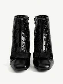 CUCCOO CHICEST Women's Bow Decor Side Zipper Design Fashion Chunky Heel Mid-Calf Boots For Christmas - Black - View 9