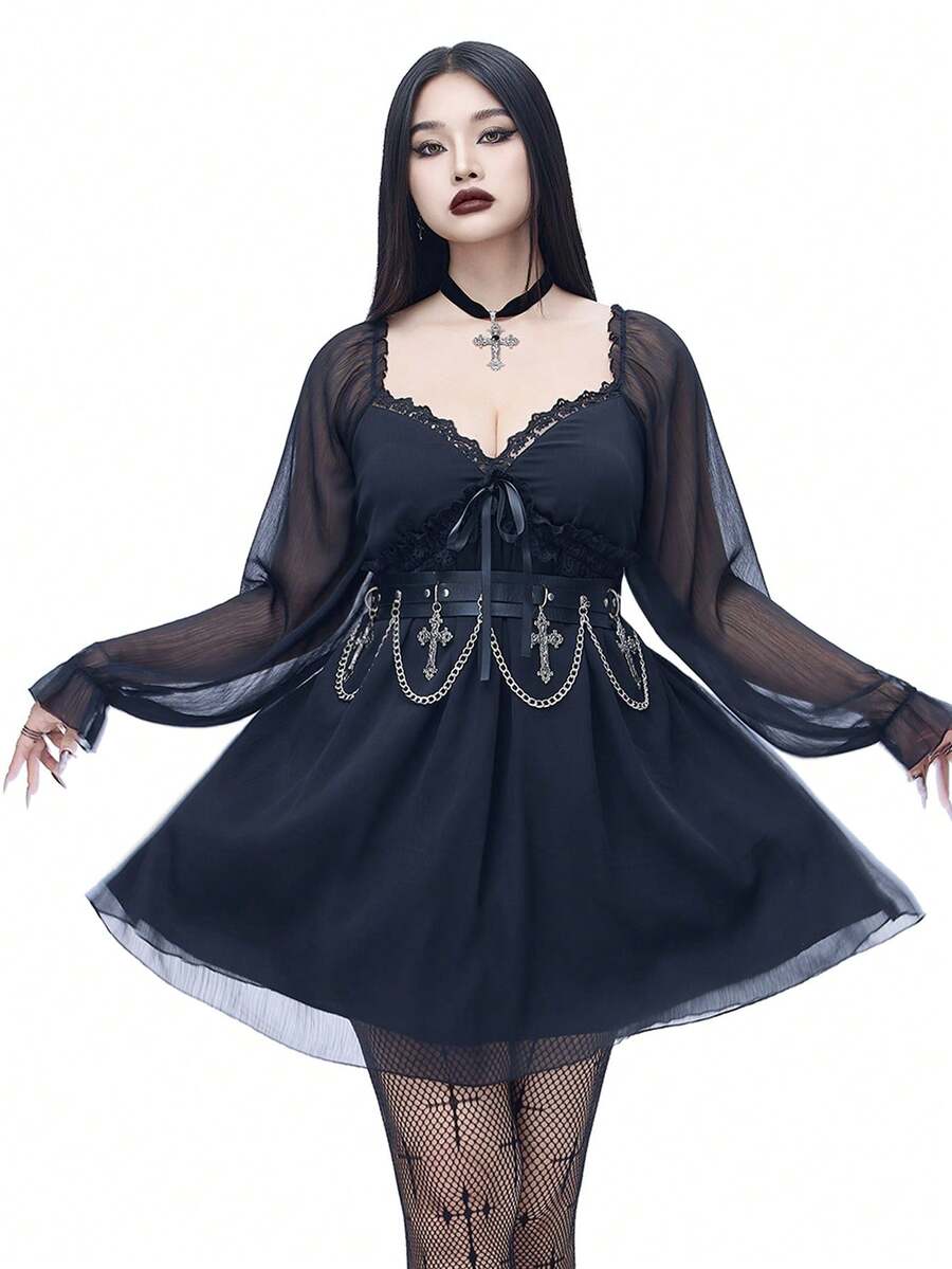 Coolane Đầm đen dài tay cổ chữ V bất đối xứng, thắt eo, cổ tròn, tay phồng, ren, gợi cảm, phong cách Gothic Y2K, thích hợp mặc mọi mùa Thu/Đông dành cho nữ - màu đen - Xem 1