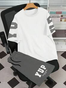 Vacaura 2件套青少年男童休闲户外字母印花短袖T恤和运动短裤，夏季 - 灰色 - 查看 2