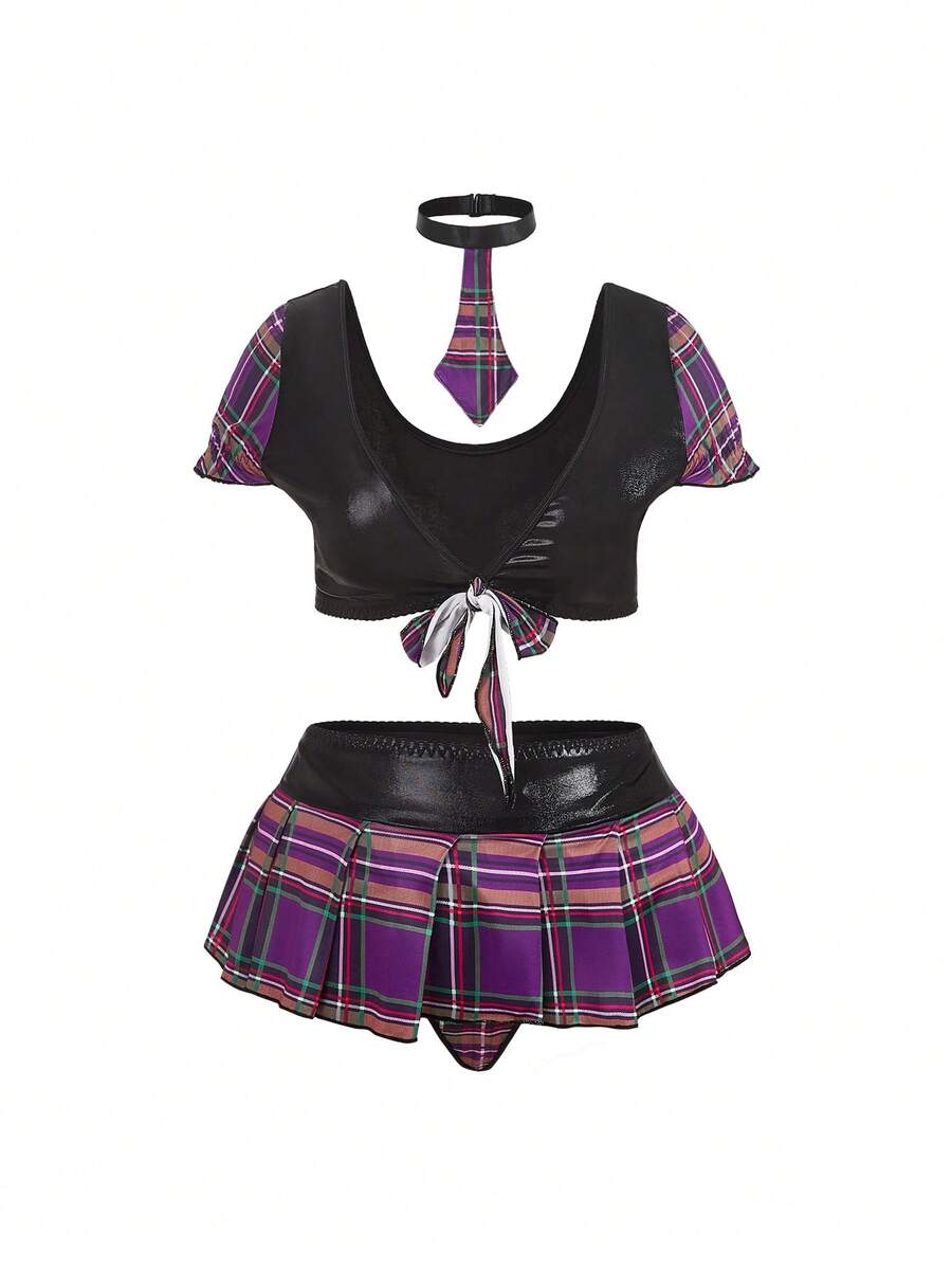 SHEIN Plus Size Plaid 4pcs Costume Set, Lingerie Role Play - Multicolor - View 1