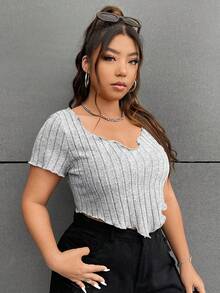 SHEIN EZwear 大码不对称下摆荷叶边短袖T恤，浅灰色 - 淺灰色 - 查看 3