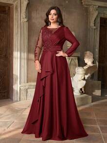 Aureia Plus Size Burgundy,Winter,Elegant,Formal,Dinner,Evening Luxury Sequin Patchwork Satin Ruffle Hem A-Line Maxi Evening Gown Military Green - Burgundy - View 6
