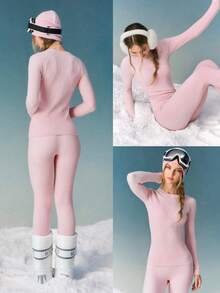 GLOWMODE 滑雪系列保暖透气尼龙羊毛混纺吸汗除臭长袖滑雪打底衫，秋冬户外滑雪服 - 粉色 - 查看 8