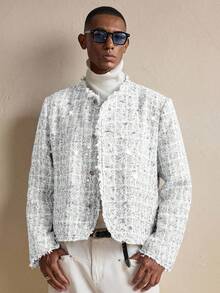 AKNOTIC Business Casual Áo khoác nam tay dài kẻ caro, cài khuy đơn giản, thu/đông - trắng - Xem 6