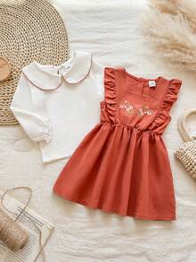 SHEIN Vintaside Kids Bộ đồ liền thân tay bồng cổ tròn in hoa bằng vải cotton cho bé gái và váy yếm thêu, trang phục lấy cảm hứng từ phong cách cổ điển cho tiệc vườn hồng, ngày lễ, Giáng sinh, năm mới, ngày lễ tình nhân - trái cam - Xem 5