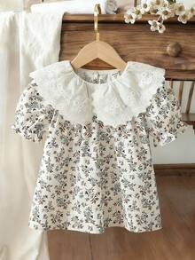 SHEIN Vintaside Kids 少女复古法式蕾丝领碎花泡泡袖衬衫，优雅公主风，适合春秋季穿着 - 白色 - 查看 2